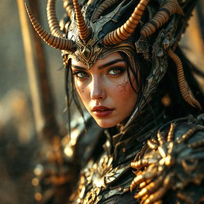 The primary subject of the image is a woman wearing a unique and intricate costume. She is dressed in a combination of gold and black, with a gold crown on her head. The setting appears to be a dark, possibly fantasy-themed environment. The visual style of the image is a mix of photo and digital art, creating a striking and eye-catching portrait. The colors and mood of the image are dark and dramatic, with the gold and black costume adding a touch of elegance and sophistication to the overall atmosphere.